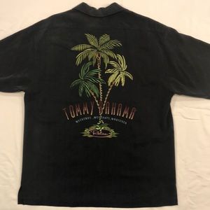 Tommy Bahama Black Camp Shirt Silk Embroidered Weekends, Weekdays, whatever Med